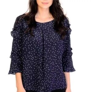 🔴Maeve Navy Blue With White Polka Dots Silk Top With Ruffled 3/4 Sleeves Size 4